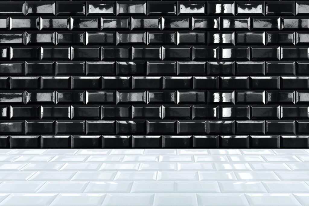 Glossy White Ceramic brick tile wall and black tile floor